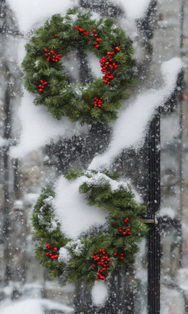 A Christmas Wreath On A Door, The Snowy Street Outside Captured In The Reflection. Generative AIの素材