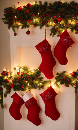 Christmas Stockings Hanging From A Mantle, The Room Lit By The Soft Glow Of A Nearby Lamp. Generative AIの素材
