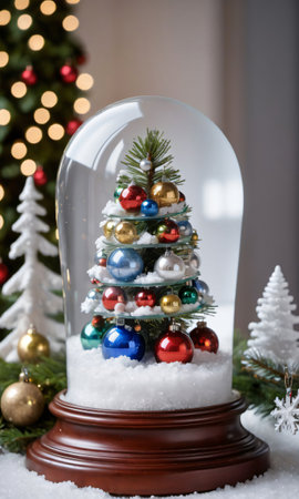 Photo Of Christmas Pine Tree Adorned With Glass Snow Globe. Generative AIの素材