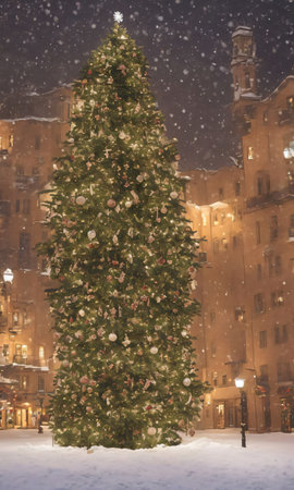A Christmas Tree In The Center Of A Snowy Town Square, The Surrounding Buildings Warmly Lit. Generative AIの素材