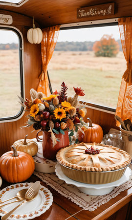 Thanksgiving Pie Inside A Vintage Caravan With Boho Decoration. Generative AIの素材