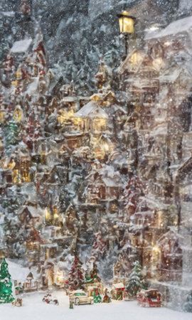 A Christmas Village Scene In A Store Window, The Street Outside Covered In Fresh Snow. Generative AIの素材