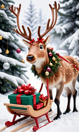 Photo Of Christmas Reindeer Pulling A Sleigh Filled With Ornaments And Gift. Generative AIの素材