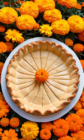 Thanksgiving Pie Amidst A Bed Of Orange And Yellow Marigold. Generative AIの素材