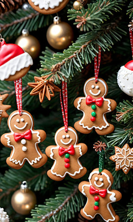 Photo Of Christmas Gingerbread Cookies Hanging From A Pine Tre. Generative AIの素材