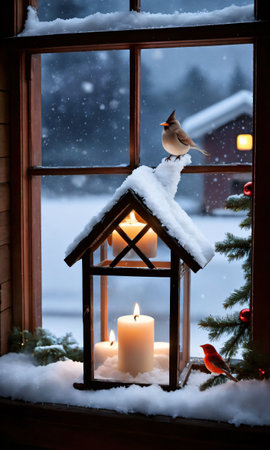 Photo Of Christmas Candlelit Window With A View Of A Snowy Birdhous. Generative AIの素材