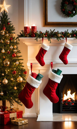 Christmas Stockings Hanging From A Mantle, The Room Lit By The Soft Glow Of A Nearby Christmas Tree. Generative AIの素材