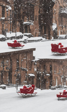 A Christmas Sleigh On A Snowy Street, The Surrounding Buildings Casting Playful Shadows. Generative AIの素材