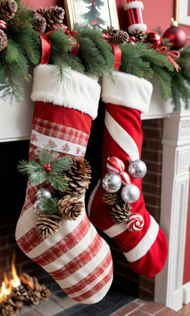 Photo Of Christmas Stockings Filled With Pinecones, Glass Ornaments, And Candy Cane. Generative AIの素材