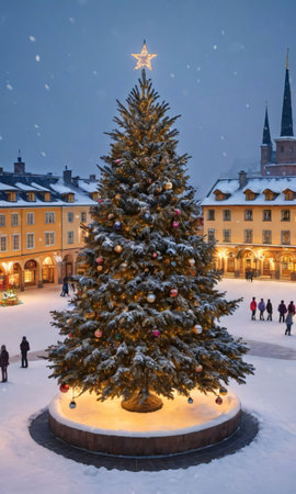 A Christmas Tree In The Center Of A Snowy Town Square, The Surrounding Buildings Warmly Lit. Generative AIの素材