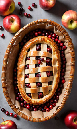 Thanksgiving Pie In A Basket, Surrounded By Apples And Cranberrie. Generative AIの素材