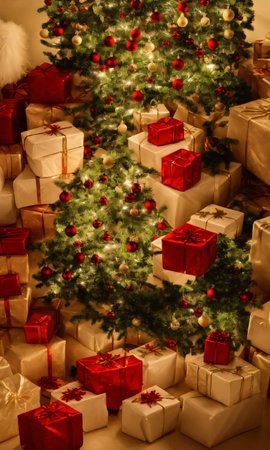 Christmas Presents Stacked Under A Tree, The Room Lit By The Soft Glow Of Fairy Lights. Generative AIの素材
