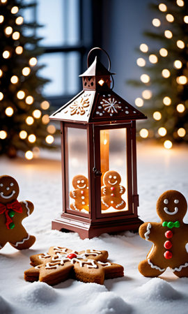 Photo Of Christmas Lantern Illuminating A Path Of Gingerbread Cookie. Generative AIの素材