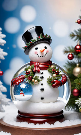 Photo Of Christmas Snowman Wearing A Wreath Necklace Holding A Glass Snow Glob. Generative AIの素材