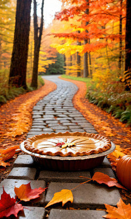 Thanksgiving Pie On A Brick Path Leading To A Mysterious Fores. Generative AIの素材