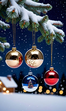 Christmas Ornaments Hanging From A Snowy Tree, Their Reflections Capturing The Starry Sky. Generative AIの素材