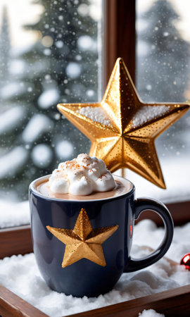 Photo Of Christmas Golden Star Reflecting In A Mug Of Hot Cocoa Beside A Snowy Windo. Generative AIの素材