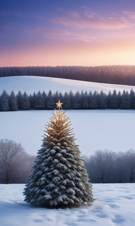 A Christmas Tree In The Center Of A Snowy Field, The Surrounding Landscape Cast In The Soft Light Of Twilight. Generative AIの素材