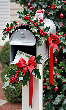 Photo Of Christmas Holly Branches Decorating A Mailbox Filled With Christmas Cards And Ribbon. Generative AIの素材