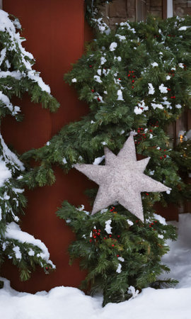 A Christmas Star Decoration On A Snowy Porch, The Garden Outside Illuminated By Moonlight. Generative AIの素材