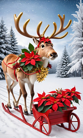 Photo Of Christmas Reindeer Pulling A Sleigh Filled With Poinsettia Plants And Golden Star. Generative AIの素材