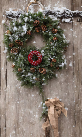 A Wreath Hanging On A Rustic Wooden Door With Falling Snow. Generative AIの素材