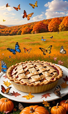 Thanksgiving Pie In A Meadow Surrounded By Fluttering Butterflie. Generative AIの素材