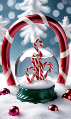 Photo Of Christmas Candy Canes Surrounding A Snow Glob. Generative AIの素材
