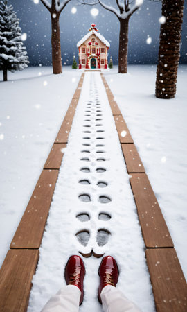 Photo Of Christmas Snowy Footprints Leading To A Nutcracke. Generative AIの素材