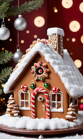 Photo Of Christmas Gingerbread House With A Snow-Covered Roof And Jingle Bell Decoration. Generative AIの素材