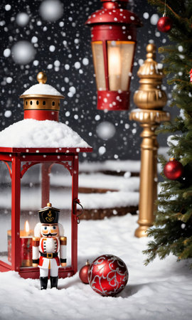 Photo Of Christmas Snowy Footprints Leading To A Nutcracker Beside A Lanter. Generative AIの素材