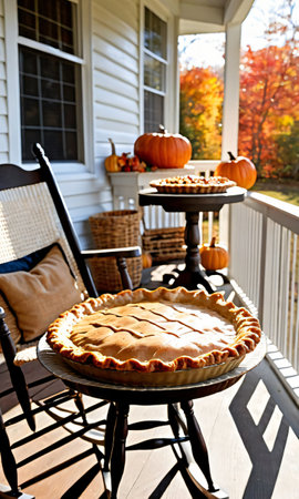 Thanksgiving Pie On A Sunlit Porch With Rocking Chair. Generative AIの素材