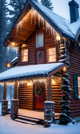 Icicles And Christmas Lights Adorning A Cabin In A Blizzar. Generative AIの素材