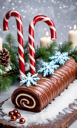 Photo Of Christmas Candy Canes Decorating A Yule Log With Snowflakes On To. Generative AIの素材