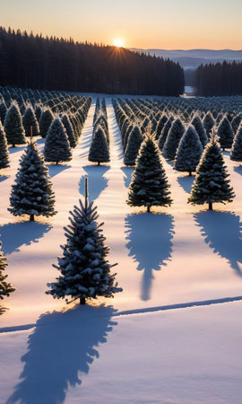 A Christmas Tree Farm At Dusk, The Trees Casting Long Shadows On The Snow-Covered Ground. Generative AIの素材