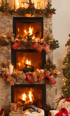 A Cozy Fireplace With Stockings, Illuminated By The Soft Glow Of Firelight. Generative AIの素材