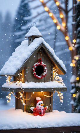 Photo Of Christmas Snow-Covered Birdhouse With Fairy Light. Generative AIの素材