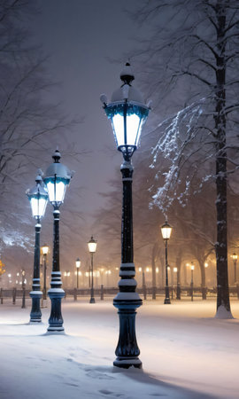 A Snowy Park With Decorated Lamp Posts And A Soft Glow Of City Lights. Generative AIの素材