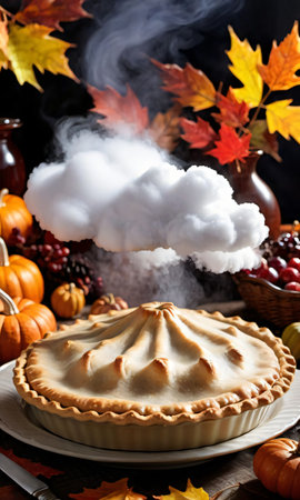Thanksgiving Pie With A Steam Cloud In The Cold Morning Ai. Generative AIの素材