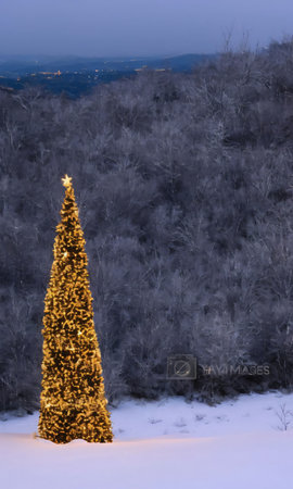 A Christmas Tree On A Snowy Hill, The City Lights Twinkling In The Distance. Generative AIの素材