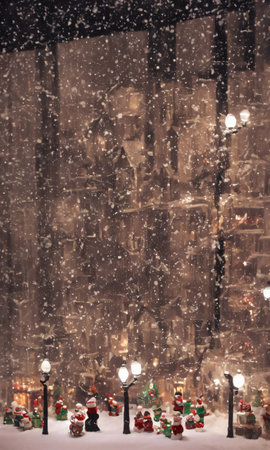 A Christmas Village Scene In A Snowy Window, The Street Outside Bustling With The Glow Of Streetlights. Generative AIの素材