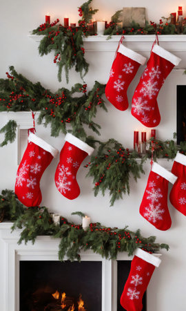 Christmas Stockings Hanging From A Mantle, The Room Lit By The Soft Glow Of A Nearby Star Decoration. Generative AIの素材