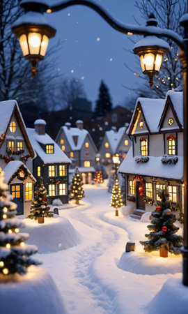 A Christmas Village Scene In A Snowy Garden, The Surrounding Landscape Illuminated By Streetlights. Generative AIの素材