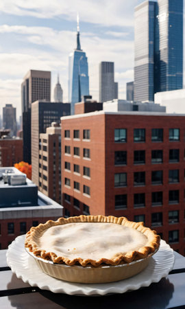 Thanksgiving Pie On A Rooftop With City Skyline In The Backgroun. Generative AIの素材
