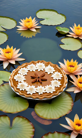 Thanksgiving Pie On A Lily Pad Surrounded By Serene Water. Generative AIの素材