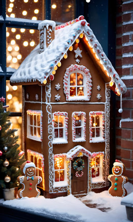 A Christmas Gingerbread House In A Snowy Window, The Street Outside Illuminated By Fairy Lights. Generative AIの素材