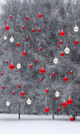 Christmas Ornaments Hanging From A Tree In A Snowy Field, Their Reflections Capturing The Starlit Sky. Generative AIの素材