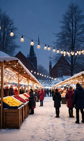 A Festive Outdoor Market With String Lights On A Snowy Evening. Generative AIの素材