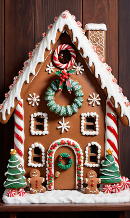 Photo Of Christmas Gingerbread House With A Wreath On The Doo. Generative AIの素材