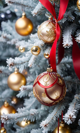 Golden Baubles And Red Ribbons On A Frosty Christmas Tre. Generative AIの素材